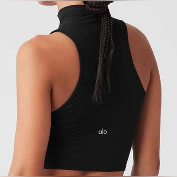 Alo NWT Ribbed Sea Coast Cropped Turtleneck Tank Top Black Sleeveless Size L - Picture 1 of 9